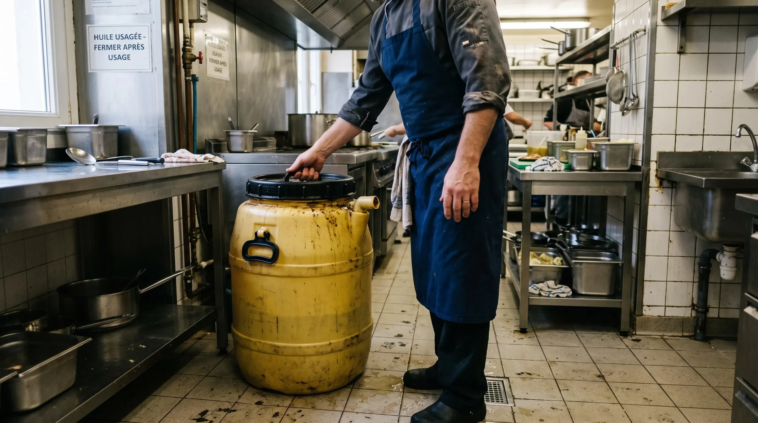 Bidon de stockage d'huile alimentaire usagée installé dans l'arrière-cuisine d'un restaurant