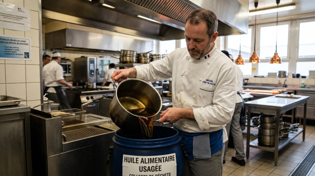 Chef versant de l'huile de friture usagée dans un conteneur de collecte dédié dans une cuisine professionnelle
