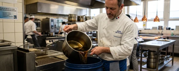 Chef versant de l'huile de friture usagée dans un conteneur de collecte dédié dans une cuisine professionnelle