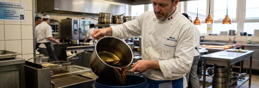 Chef versant de l'huile de friture usagée dans un conteneur de collecte dédié dans une cuisine professionnelle