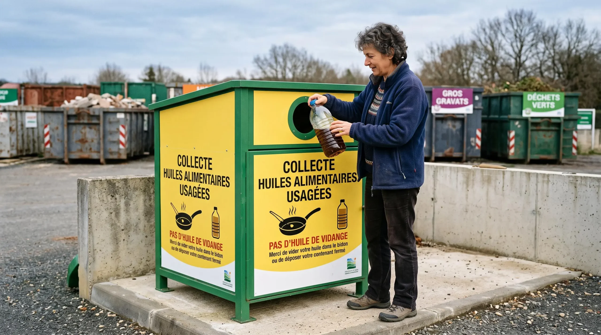 Personne déposant un bidon d'huile alimentaire usagée dans un point de collecte en déchetterie municipale
