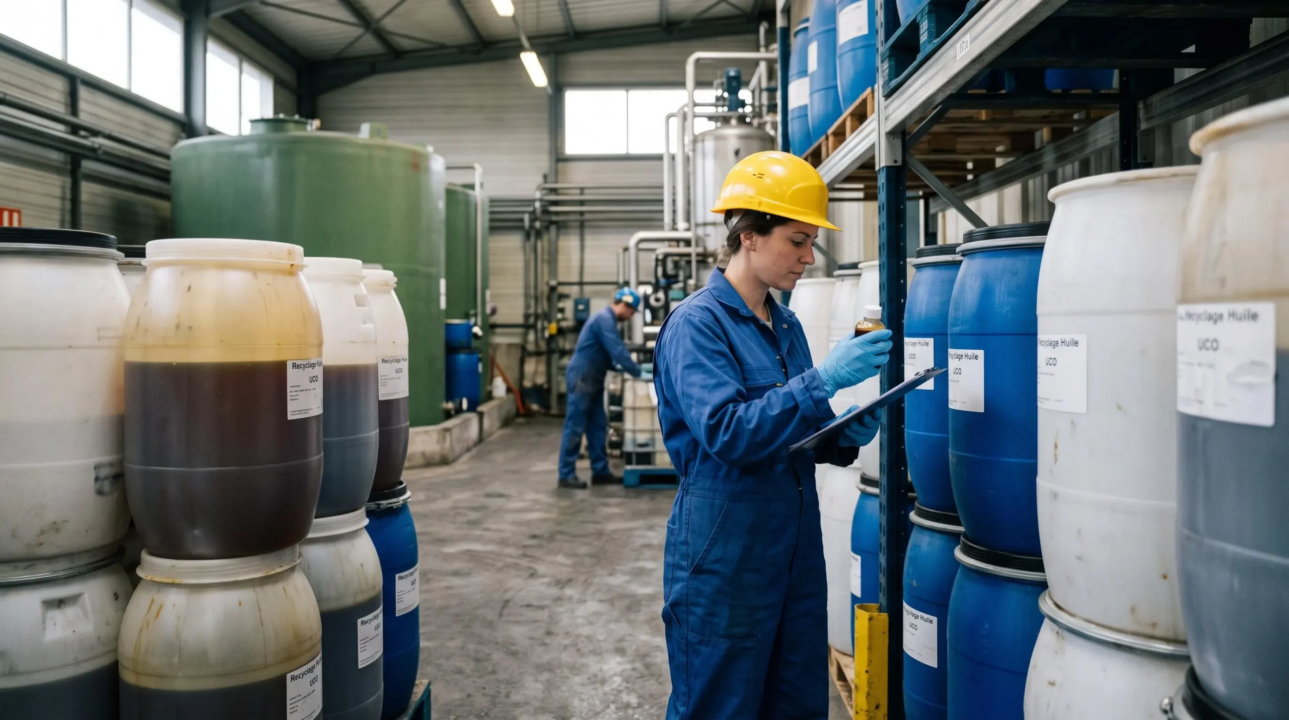 Technicien inspectant des bidons de collecte d'huile alimentaire usagée dans un centre de valorisation